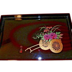 Vintage Japanese Black Burgundy Gold Lacquer Ware Serving Tray Flower Cart Wagon